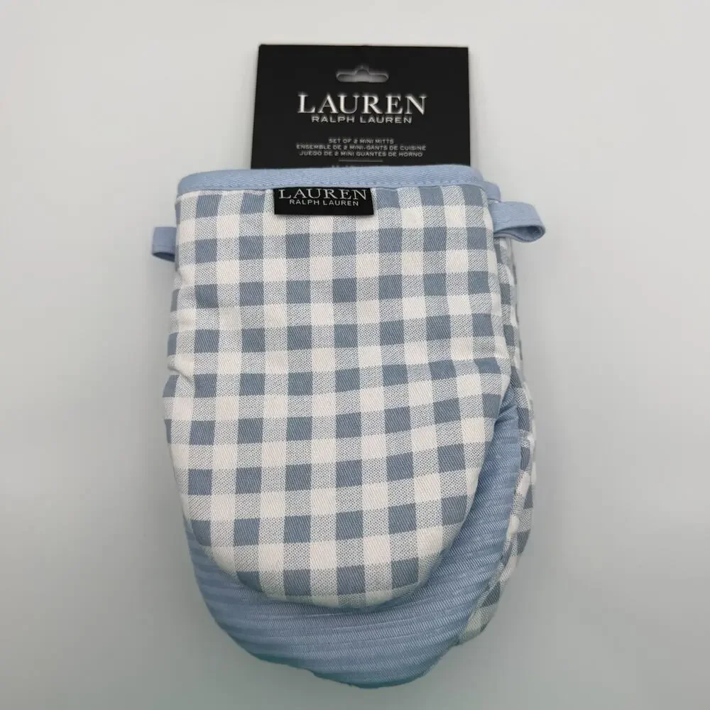 Lauren Ralph Lauren Set of 2 Mini Mitts Oven Mitt Light Blue White Gingham NWT